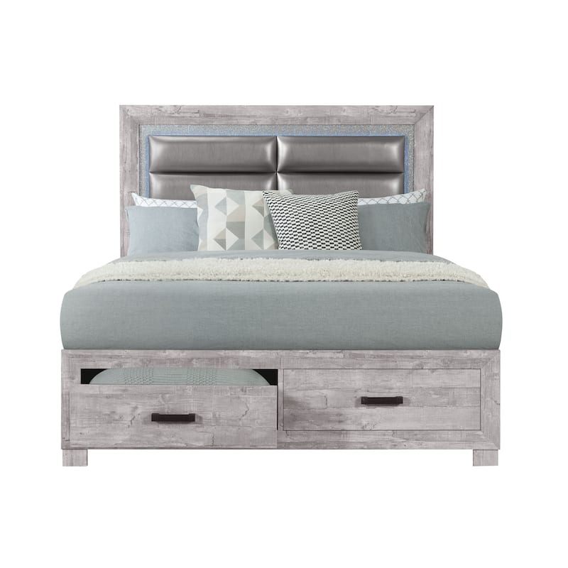 HomeRoots Gray and Silver Faux Crystal Bling Wood And Faux Leather Queen Bed Frame With Two Drawers