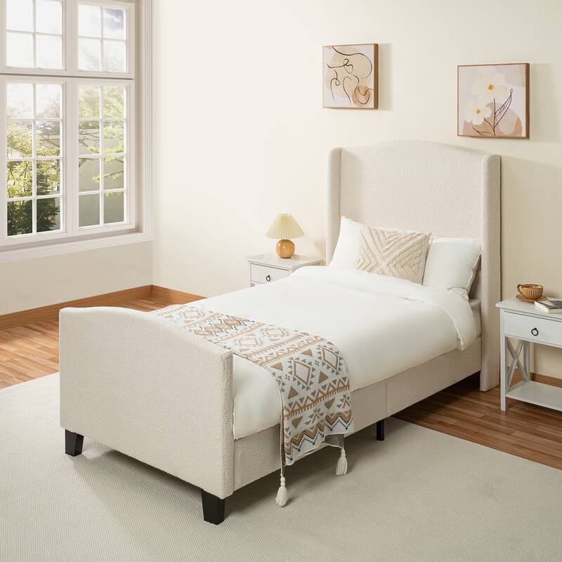 Upholstered Teddy Velvet 49.21" High Headboard Twin Size Bed Frame with 27.17" High Footboard