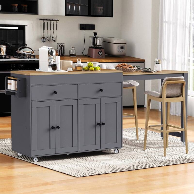 74.5“ Kitchen Island with Extendable Dining Table, Rolling Kitchen Island on Wheels with Spice Rack, Drawers and Cabinets
