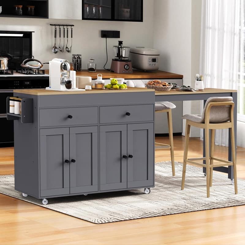 74.5“ Kitchen Island with Extendable Dining Table, Rolling Kitchen Island on Wheels with Spice Rack, Drawers and Cabinets