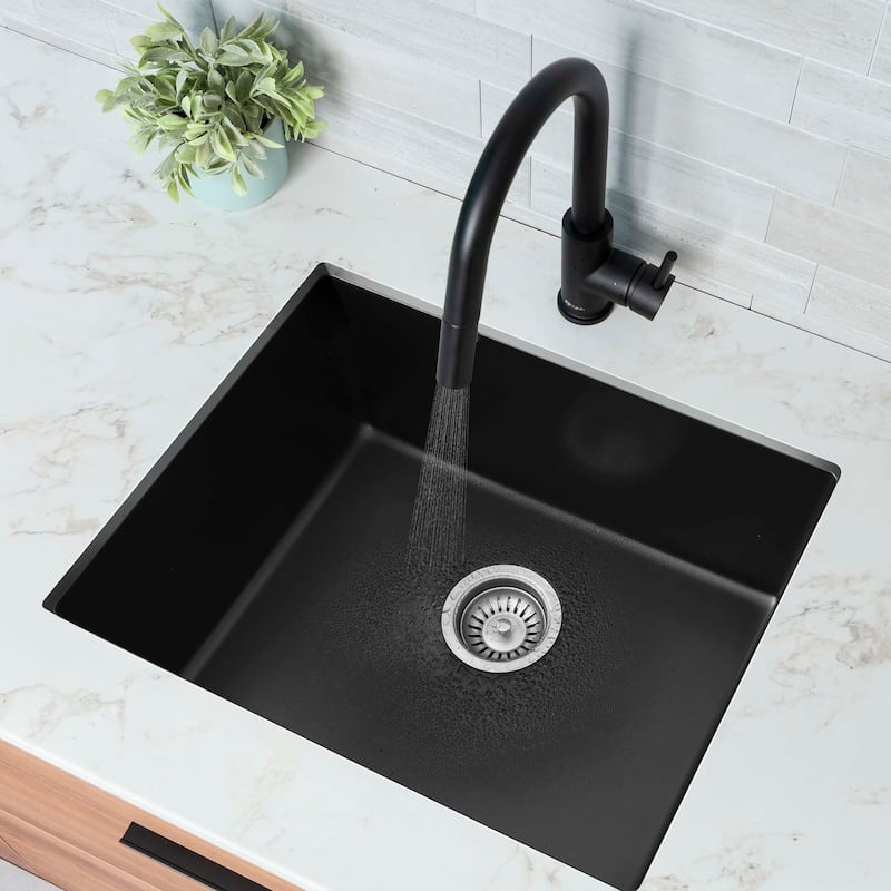 STYLISH Dual Mount 22" Single Bowl Composite Granite Kitchen Sink - 22" x 17.5" x 8.25" - Black