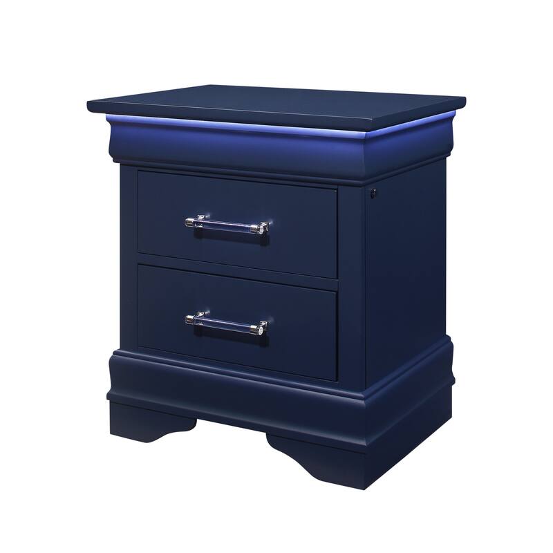 Blue LED Nightstand with 2 Spacious Drawers, Transitional Style
