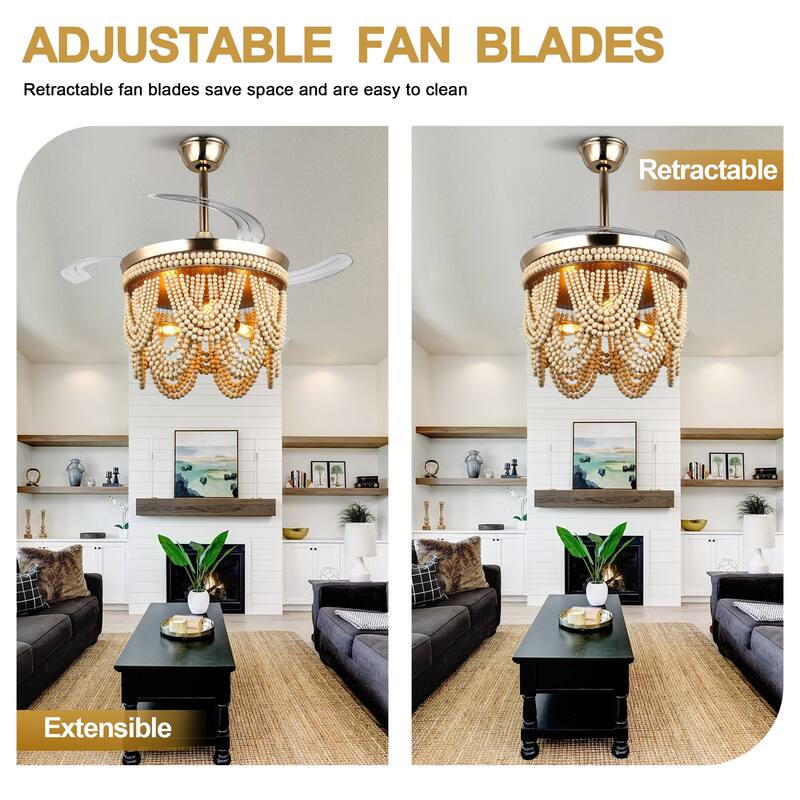 Cusp Barn 42" Retractable Ceiling Fan with Light, Farmhouse Wooden Bead Chandelier, Quiet DC Motor 6 Speeds Bohemian Ceiling Fan