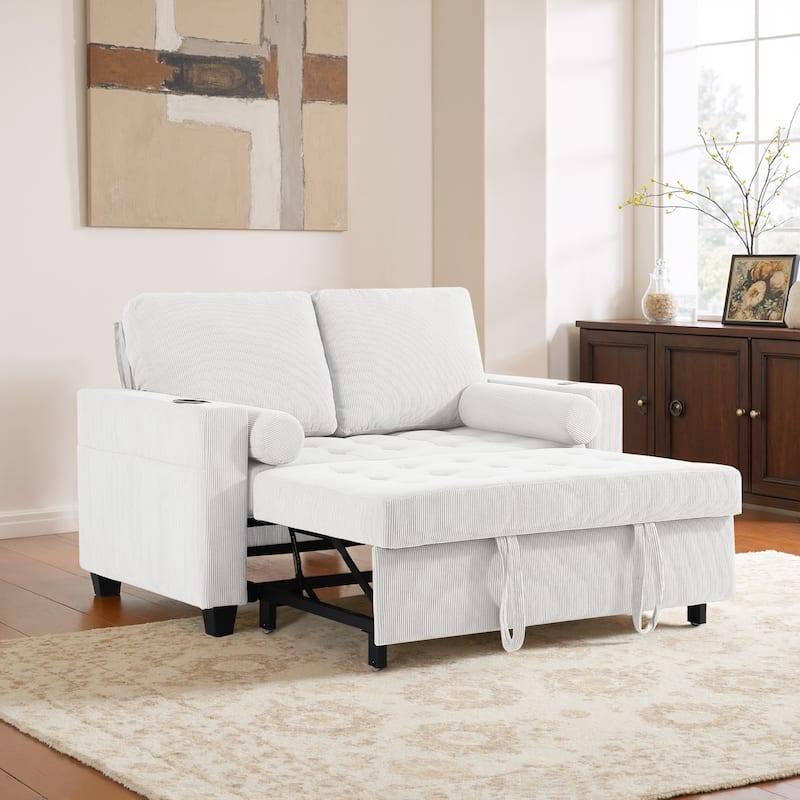 Corduroy Convertible Loveseat Sofa Bed Recliner with Cup Holder, USB Ports & Storage