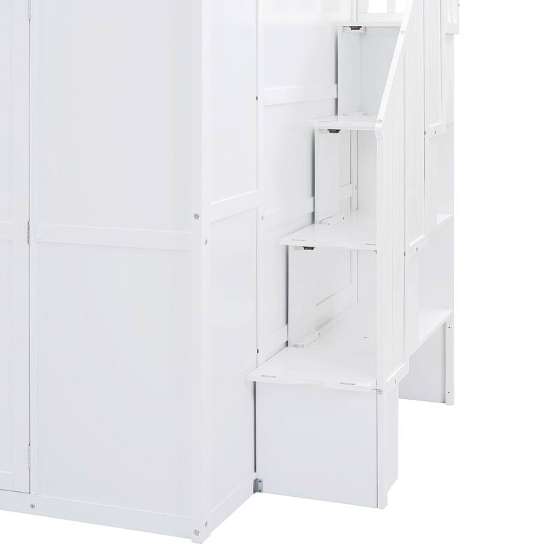 White Full Size Bunk Bed with Wardrobe, Desk, and Shelves for Kids