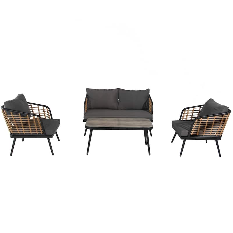 4 Pieces Patio Furniture Set, PE Rattan Wicker 4 Pcs Outdoor Sofa Set w/Washable Cushion