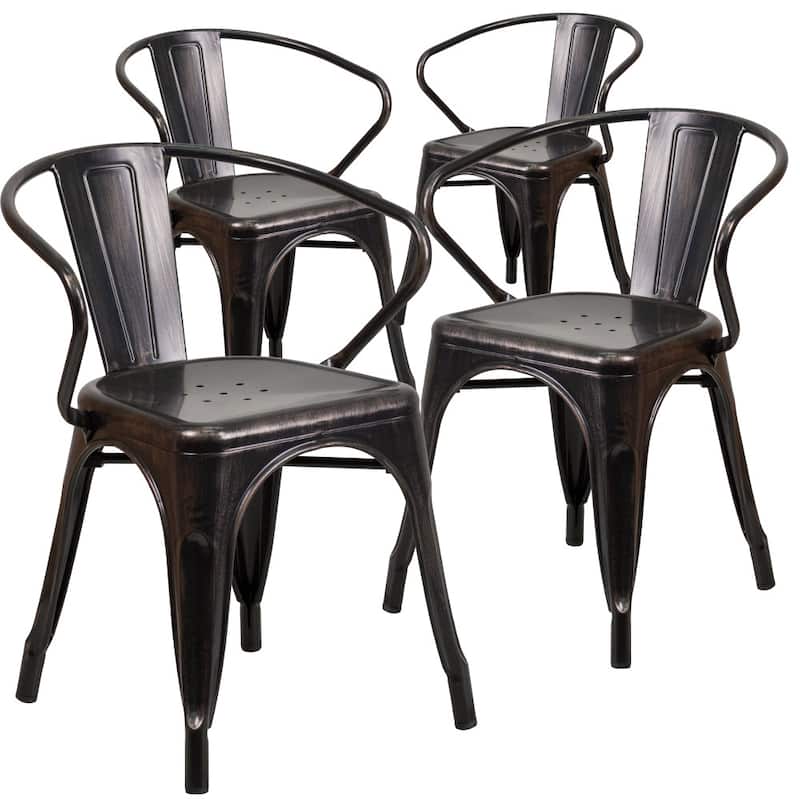 4 Pack Metal Indoor-Outdoor Chair with Arms - Black-Antique Gold