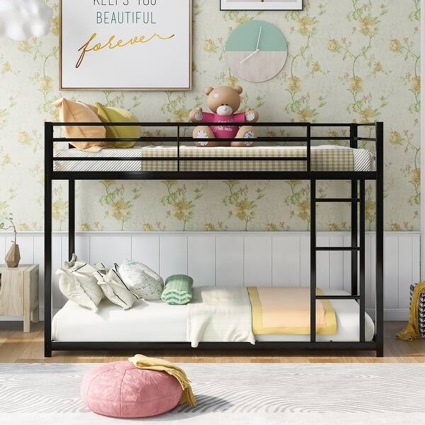 slide 2 of 35, Space-Saving Twin over Twin Metal Low Bunk Bed with Ladder Black