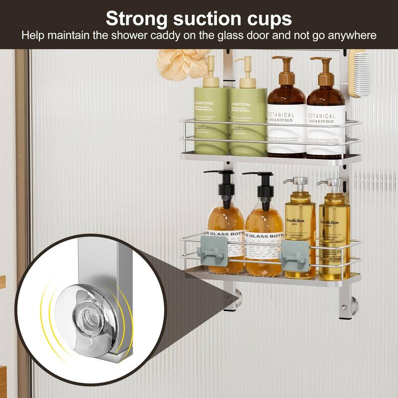 Adjustable Hanging Over the Shower Door Caddy,Bathroom Organizer Shelf Storage with 4 Hooks for Razor - Silver-4 Pack