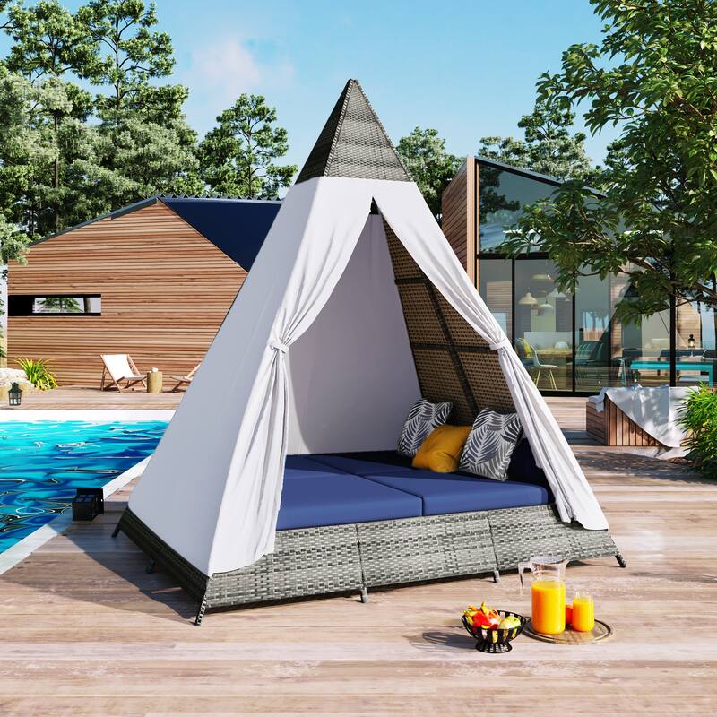90.5" Triangle Tent Daybed Sunbed with Pillows & Curtain - Blue+Grey