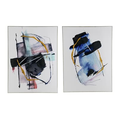 24 x 32 Abstract Wall Art Set of 2, Black and Blue Painting, Silver Wood