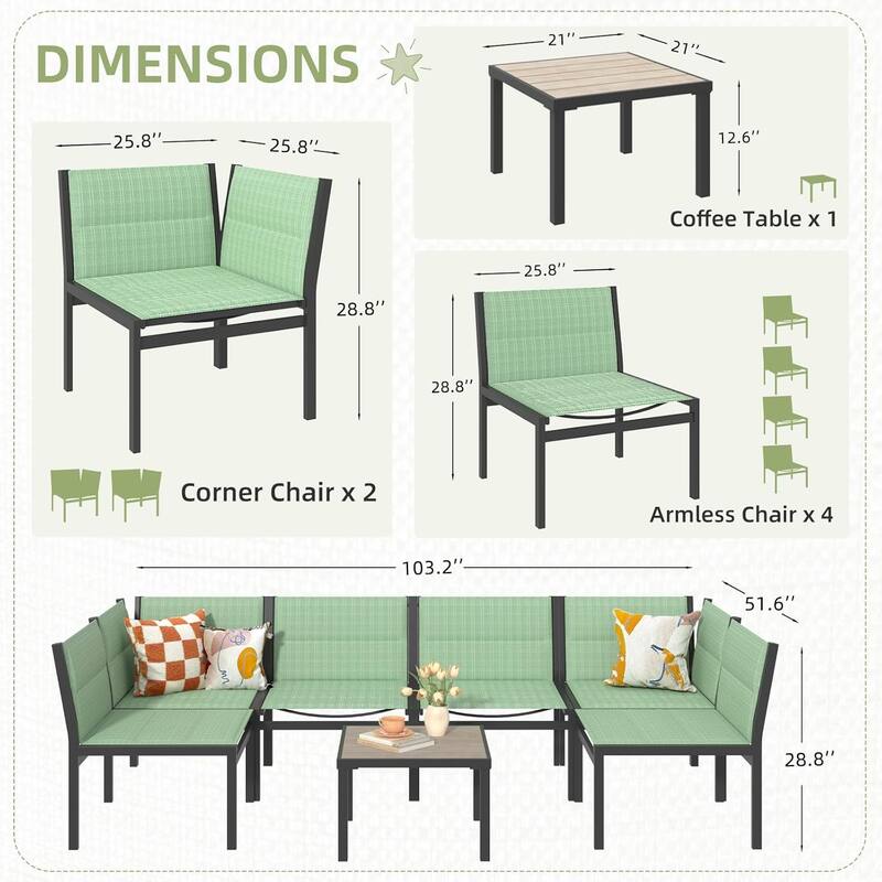 AECOJOY 7 Pieces Cotton-Filled Textilene Fabric Outdoor Conversation Sets with Coffee Table, Patio Sectional Furniture Set