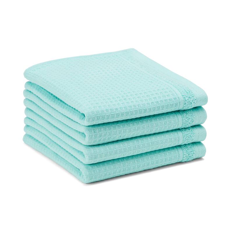 TOWN & COUNTRY BASICS 4-Piece Waffle Woven Terry Stripe Washcloth Set, 13x13-Inch, 100% Cotton, Quick Dry - 13"x13" - Mint Blue