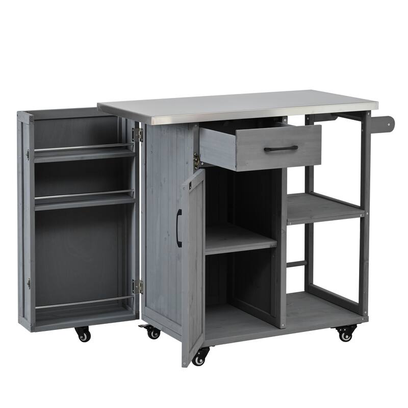 Fir Wood Outdoor Kitchen Prep Station Cart with Stainless Steel Top & Towel Rack