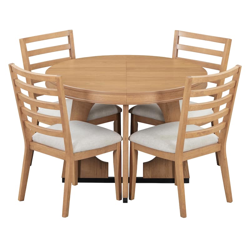 5-Piece Retro Dining Table Set, Extendable Round Table with Removable Leaf