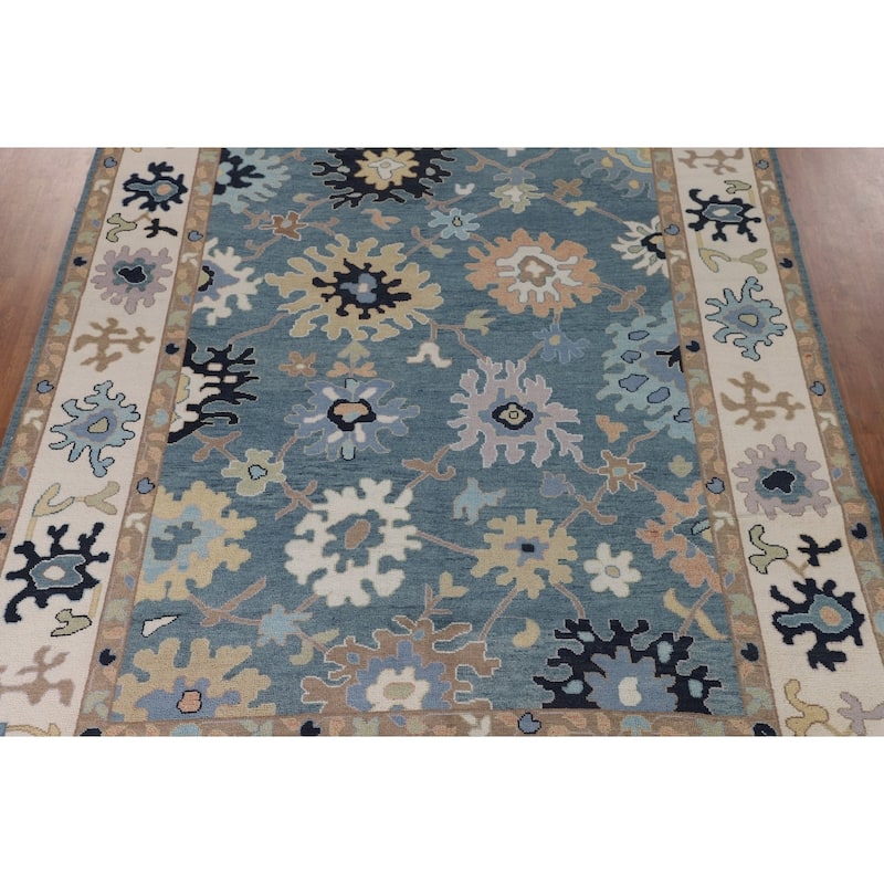 Floral Blue Oushak Oriental Area Rug Handmade Wool Carpet - 9'0"x 11'10"