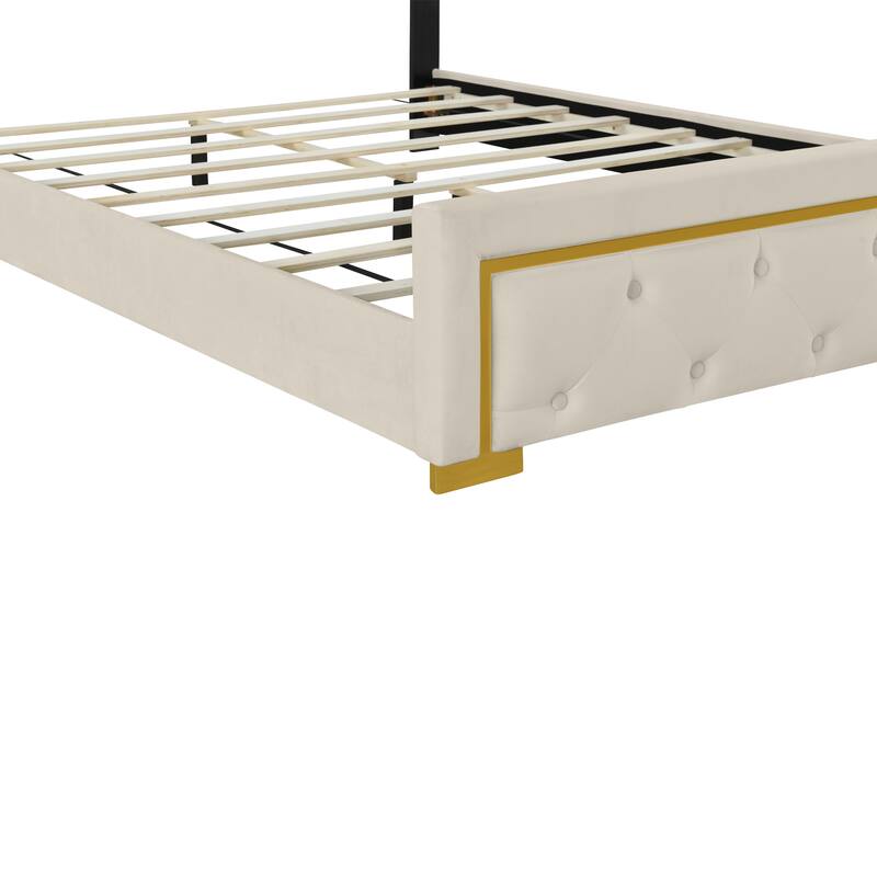 Velvet Upholstered Platform Bed With Pull Point Headboard And Metal Wire Frame