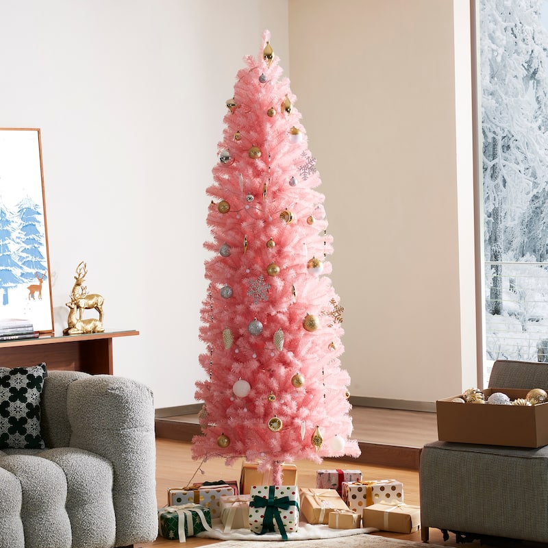 Glitzhome 7.5ft/9ft Shimmering Tinsel Pink Slim Pencil Fir Artificial Christmas Trees