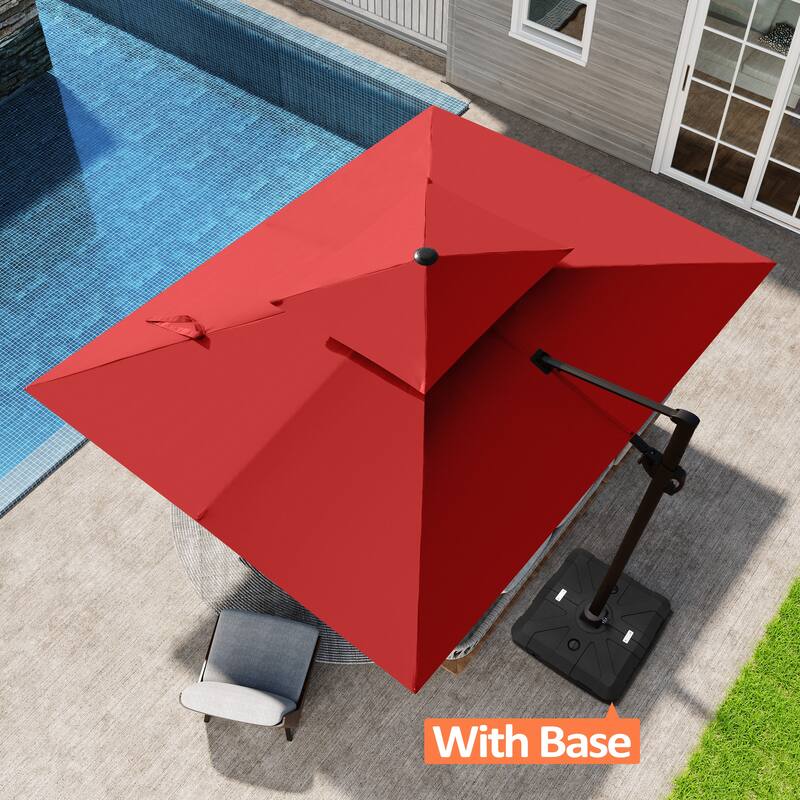 Pellebant 9 FT x 11 FT Outdoor Double Top Patio Cantilever Offset Umbrella with Base Stand - Red