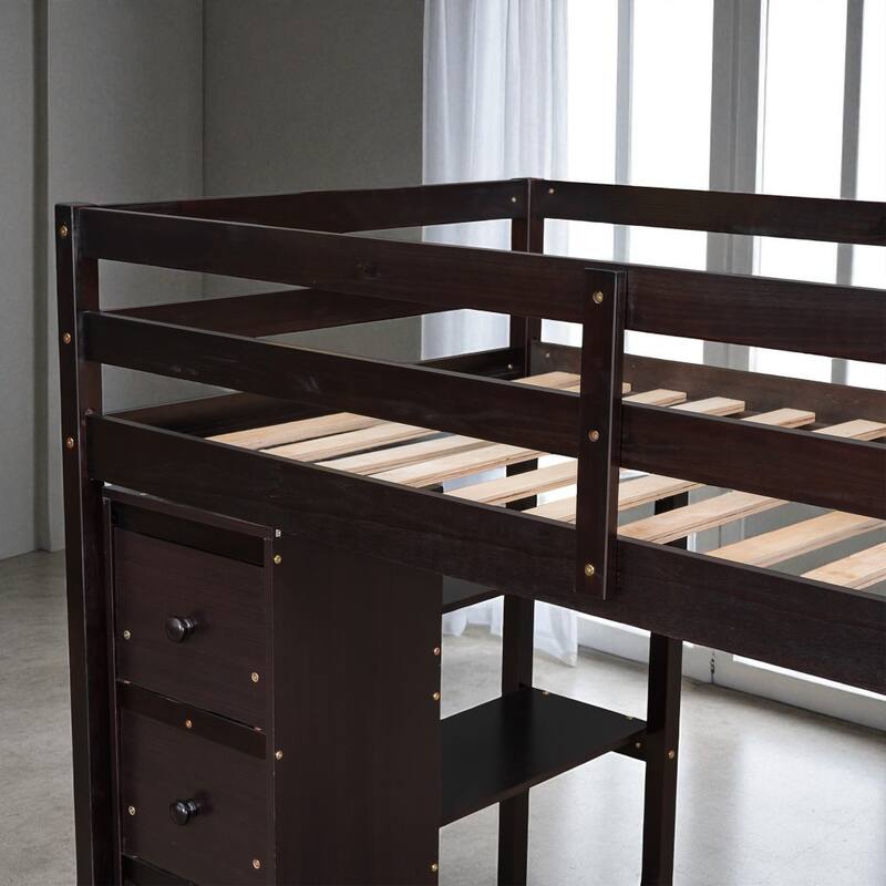Twin Size Loft Bed with Desk, Storage Drawers, Shelves & Stairs, Wooden Frame for Kids & Teens