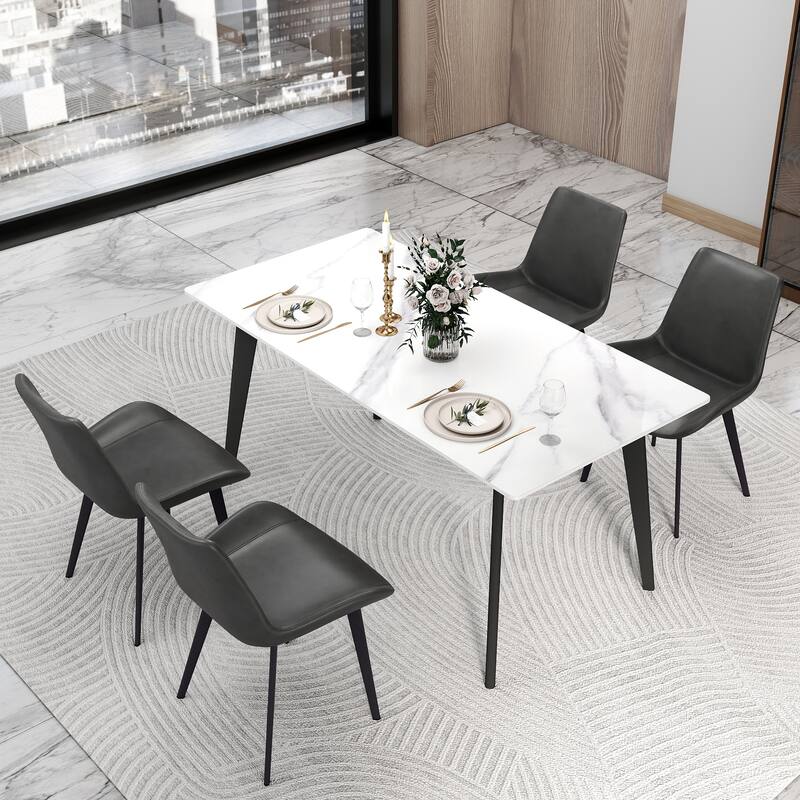 63" Dining Table Set for 6, Sintered Stone Dining Table with Black Legs for Kitchen Dining Room - White