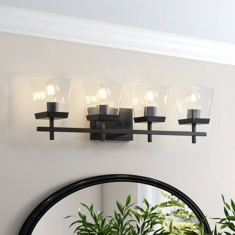 Industrial 4-Light Matte Black Vanity Light with Clear Glass Shades for Bathroom