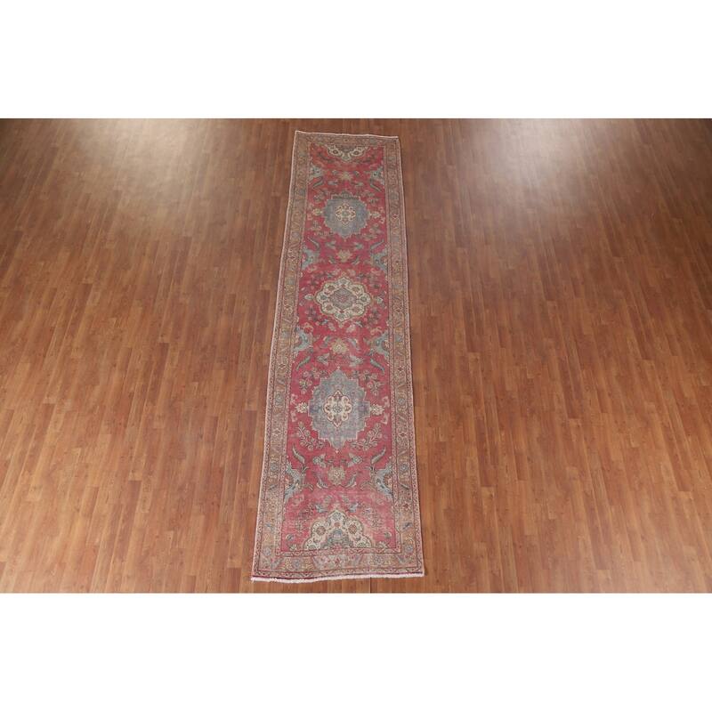 Hand Knotted Oriental 100% Wool Carpet Traditional Floral Pink Tabriz Runner Rug - 12' 9'' X 3' 3''