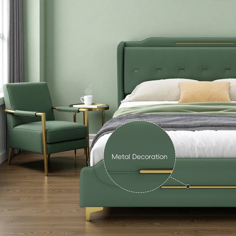 Queen/King PU Leather Upholstered Platform Bed with Wingback Headboard & Footboard, Gold Metal Accents and Wooden Slats