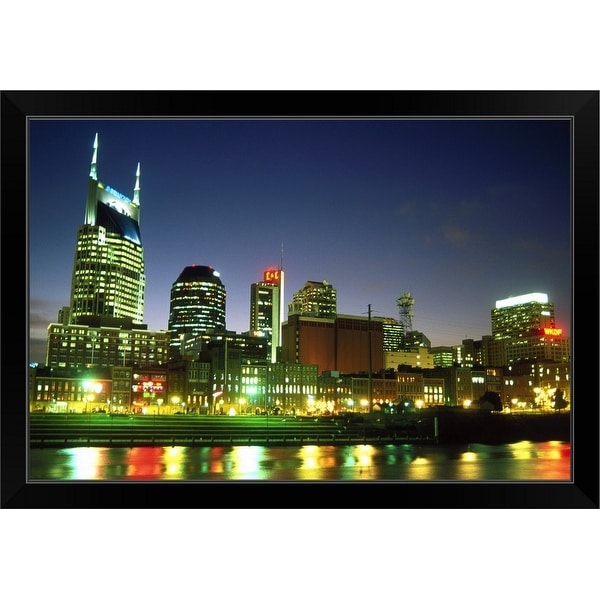 "Skyline with reflection in Cumberland River" Black Framed Print