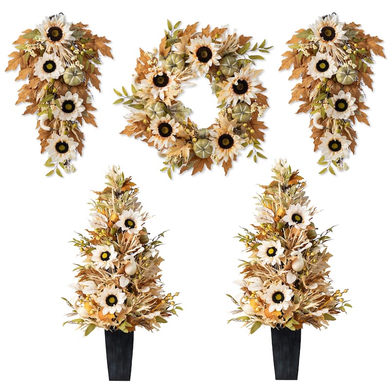 Glitzhome Fall Sunflower Pumpkin Floral Aritificial Garland or Swag Wreath with Free Hanger