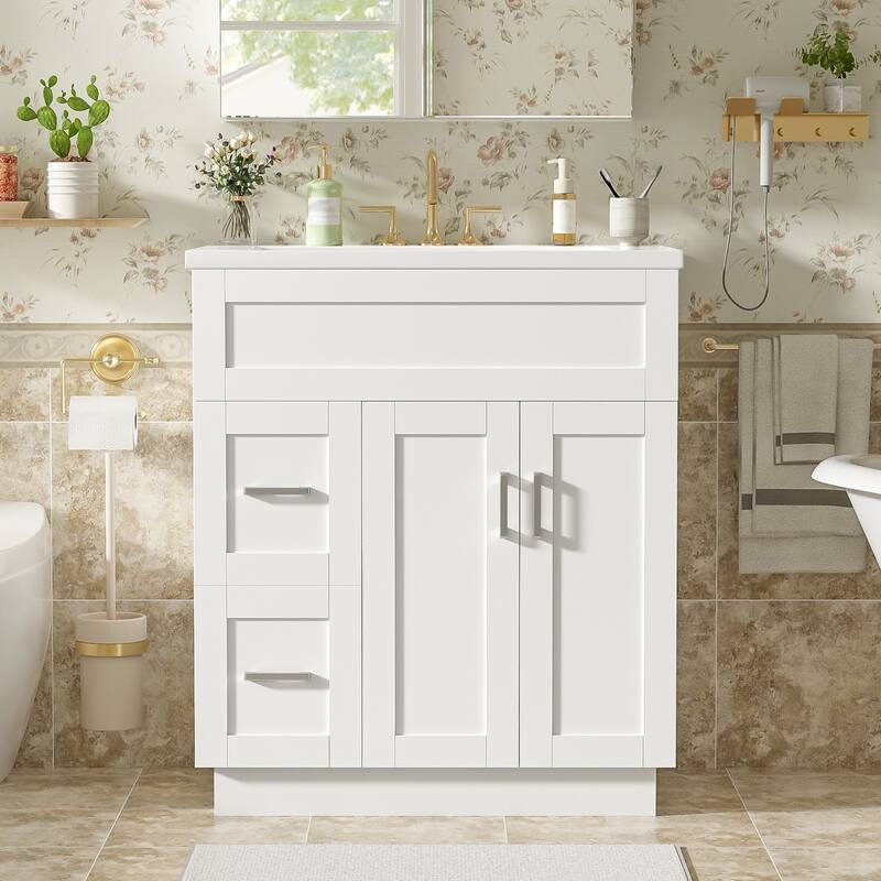 GDFStudio - Transitional Bathroom Vanity with Resin Sink, Adjustable Shelves, Soft-Close Doors & Hidden Drawers - 30"+Left Drawer