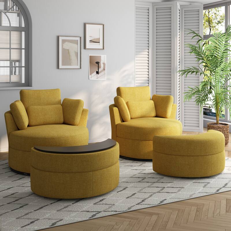 Upholstered Swivel Accent Barrel Chair And Storage Ottoman Sets - Chenille - Mustard/Chenille