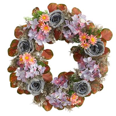22" Silver Rose and Purple Hydrangea Artificial Wreath