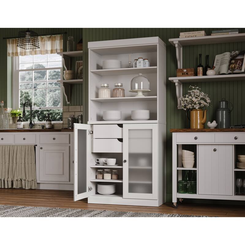 Palace Imports 100% Solid Wood Pantry Cabinet with Frosted Glass Doors, 2-Drawers and Adjustable Shelves - 32" x 71.5"
