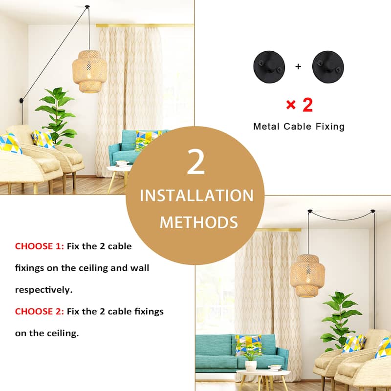 Adjustable Handmade Bamboo Contemporary Farmhouse Rustic Celling Hanging Wall Lamp - Plug in Rattan Lantern Chandelier Lights