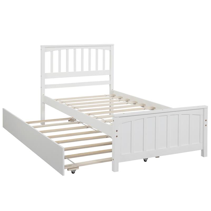 Twin Size Platform Bed with Trundle Bed, Headboard and Footboard & Wooden Slat Support