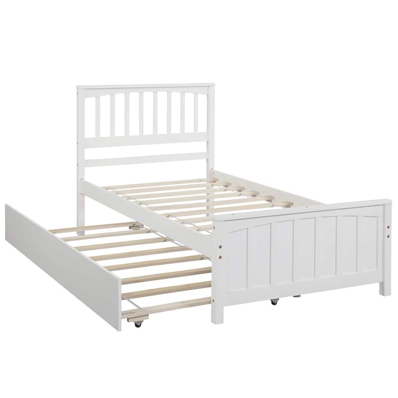 Twin Size White/Gray Platform Bed with Trundle, Solid Pine Wood, Minimalistic Design
