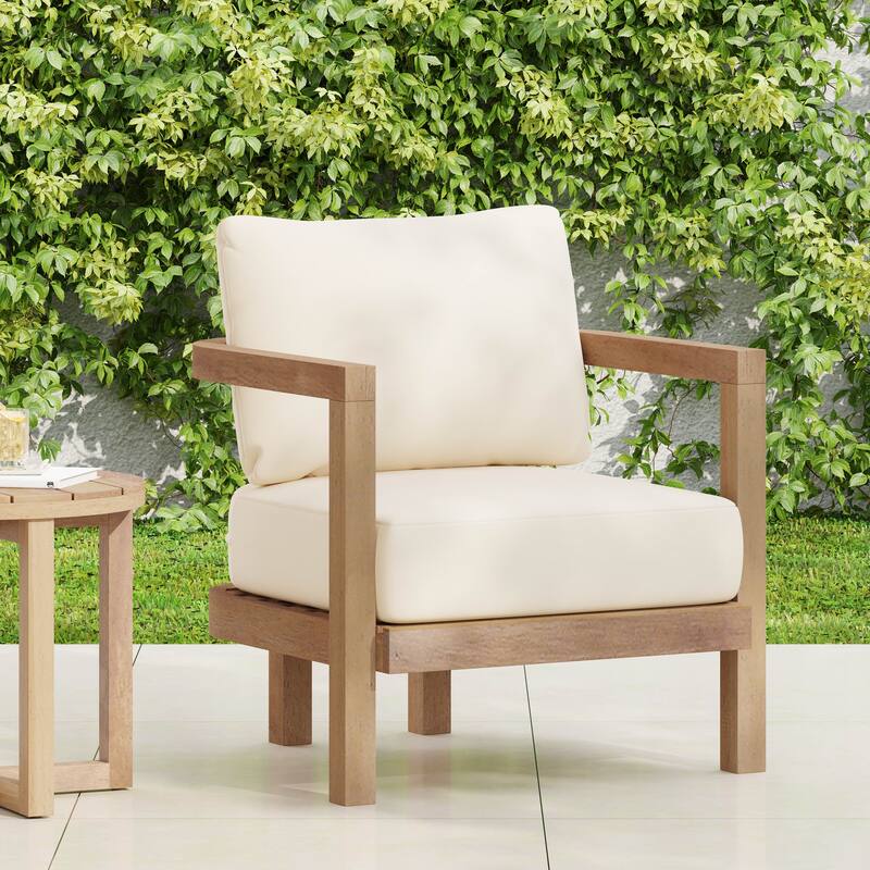 Outdoor Acacia Wood Patio Club Chair with Waterproof Thick Cushion