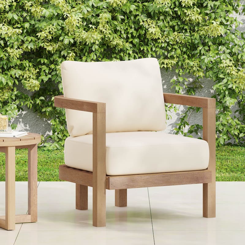 Roomfitters Outdoor Acacia Wood Patio Club Chair, Waterproof Cushions, Wash Finish with Beige Cushions - Brown+Beige