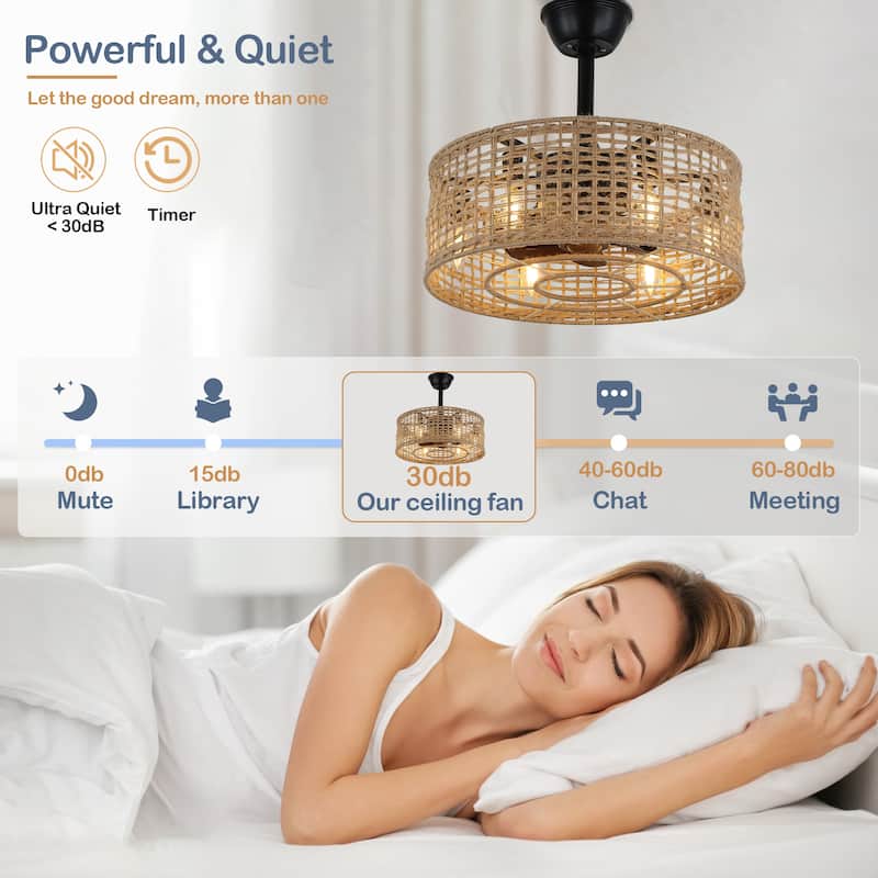 Cusp Barn 18" Boho Ceiling Fan with Remote Control, Caged Rattan 6-Light 3 Speeds Reversible Fandelier for Bedroom Living Room
