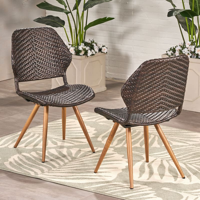 Stylish Wicker Dining Chairs with Mid-Century Legs, Set of 2 - Brown Multi