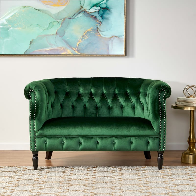 Milani Velvet Tufted Scroll Arm Loveseat by Christopher Knight Home - green