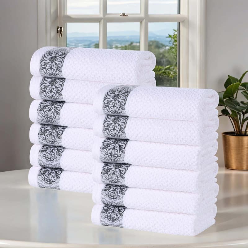 Superior Medallion Cotton Jacquard Soft Face Towel Washcloth Set of 12 - White-Grey