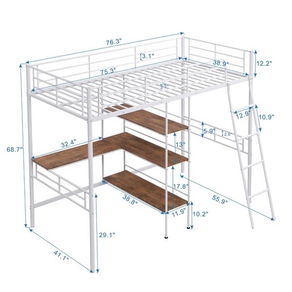 dimension image slide 1 of 2, Modern Twin Size Metal Loft Kids Bed with Built-in Desk,Ladder,Guardrail and Storage Shelves
