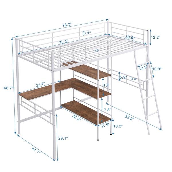 dimension image slide 1 of 2, Twin Size Metal Loft Bed and Built-in Desk and Shelves for Kids, Boys and Girls