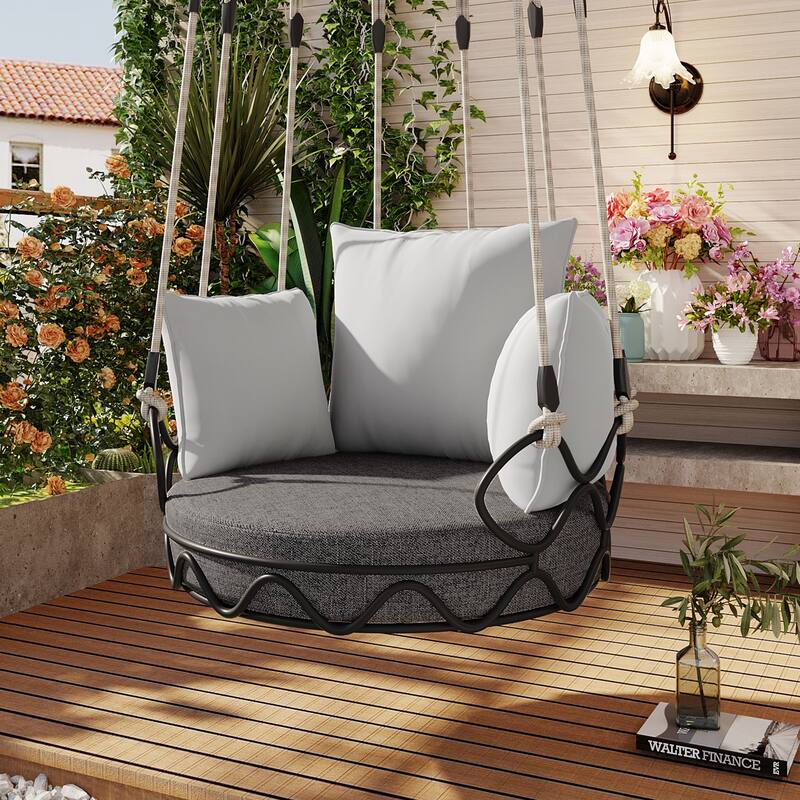 Round Swing Chairs Metal Frame Hanging Basket Chair with Cushion