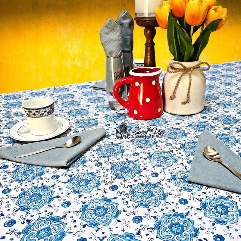 Cotton Springtime Splendor Tablecloth Collection, Ice Blue - 60 x 90 in