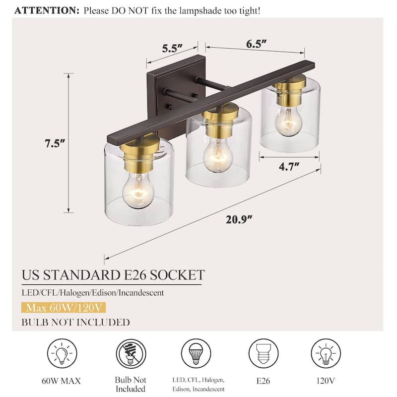 Farmhouse 3-Light Bathroom Vanity Light Fixtures with Oil Rubbed Bronze and Gold Finish