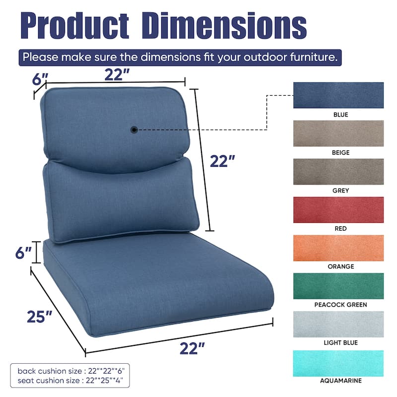 Outdoor Deep Seat Cushion Set For Garden Chair 25 x 22 Inch Cushions