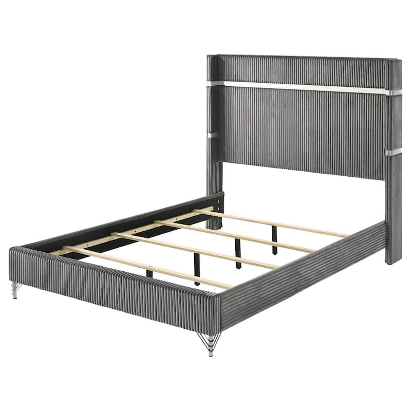 Jenny Queen Size Bed, Wingback Fluted Upholstered Headboard, Gray